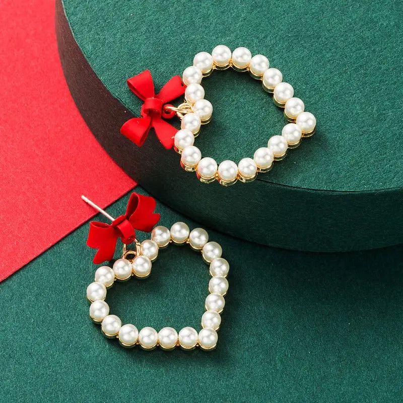 Bow Love Heart Shaped Pearl Earrings-Jewearrings