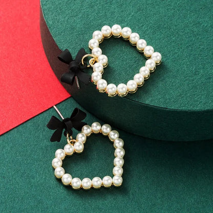 Bow Love Heart Shaped Pearl Earrings-Jewearrings