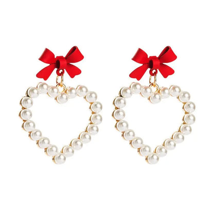 Bow Love Heart Shaped Pearl Earrings-Jewearrings