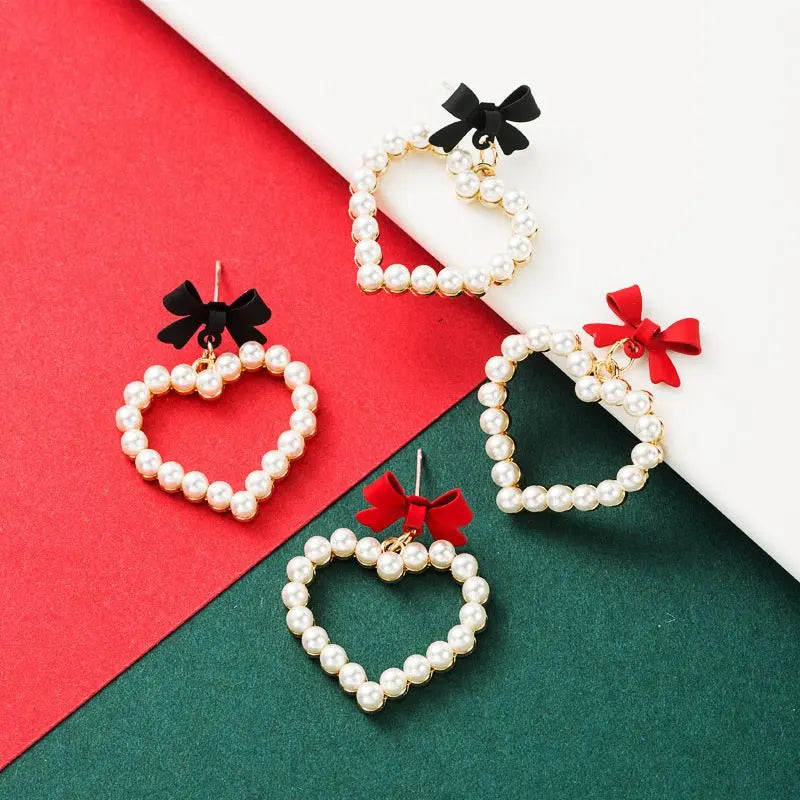 Bow Love Heart Shaped Pearl Earrings-Jewearrings