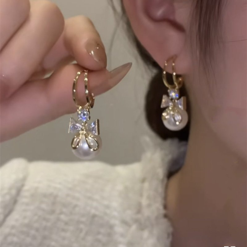 Bow Pearl Earrings Eardrops Korean Style Zircon Socialite Ear Studs Niche High-grade Light Luxury Earrings-Jewearrings