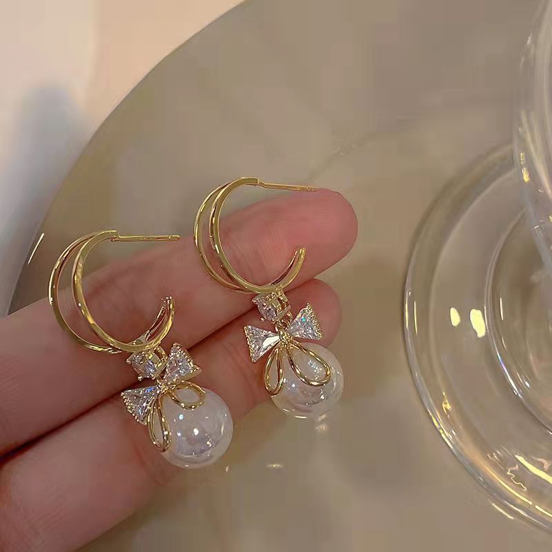 Bow Pearl Earrings Eardrops Korean Style Zircon Socialite Ear Studs Niche High-grade Light Luxury Earrings-Jewearrings