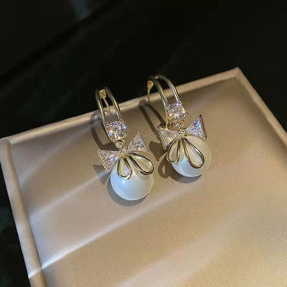 Bow Pearl Earrings Eardrops Korean Style Zircon Socialite Ear Studs Niche High-grade Light Luxury Earrings-Jewearrings