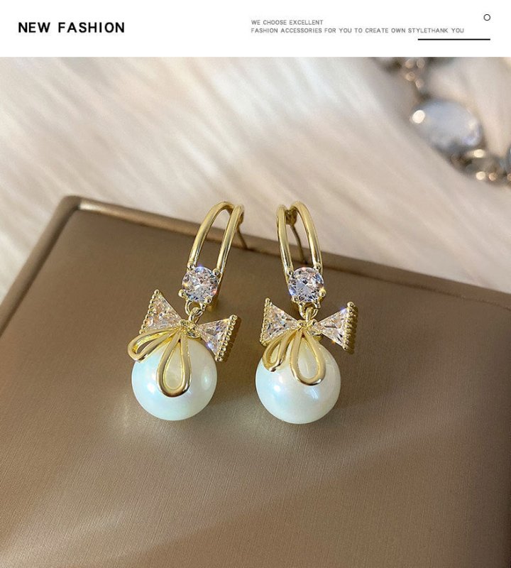 Bow Pearl Earrings Eardrops Korean Style Zircon Socialite Ear Studs Niche High-grade Light Luxury Earrings-Jewearrings