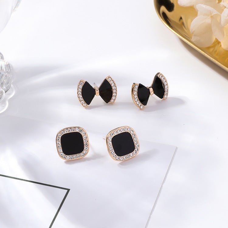 Bow-studded square geometric stud earrings simple black acrylic earrings-Jewearrings