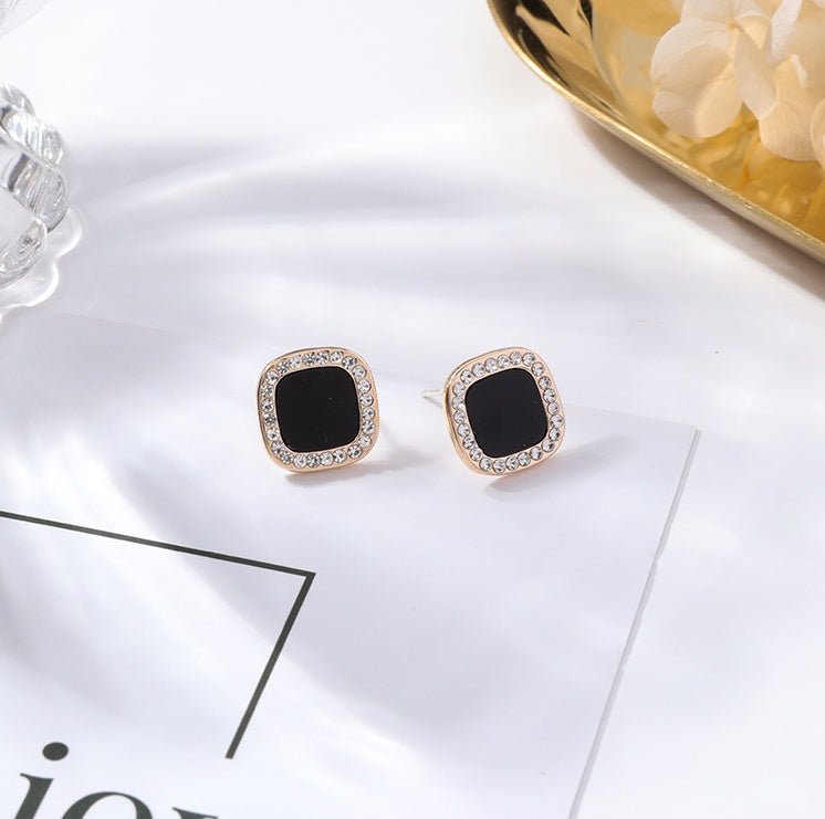 Bow-studded square geometric stud earrings simple black acrylic earrings-Jewearrings