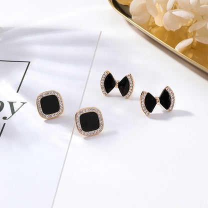 Bow-studded square geometric stud earrings simple black acrylic earrings-Jewearrings