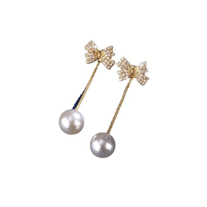 Bowknot Fringe Pearl Temperament Modified Face Earrings-Jewearrings