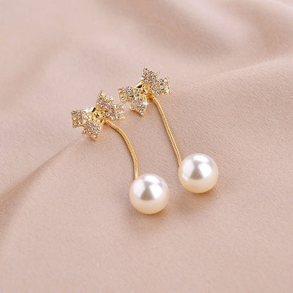 Bowknot Fringe Pearl Temperament Modified Face Earrings-Jewearrings