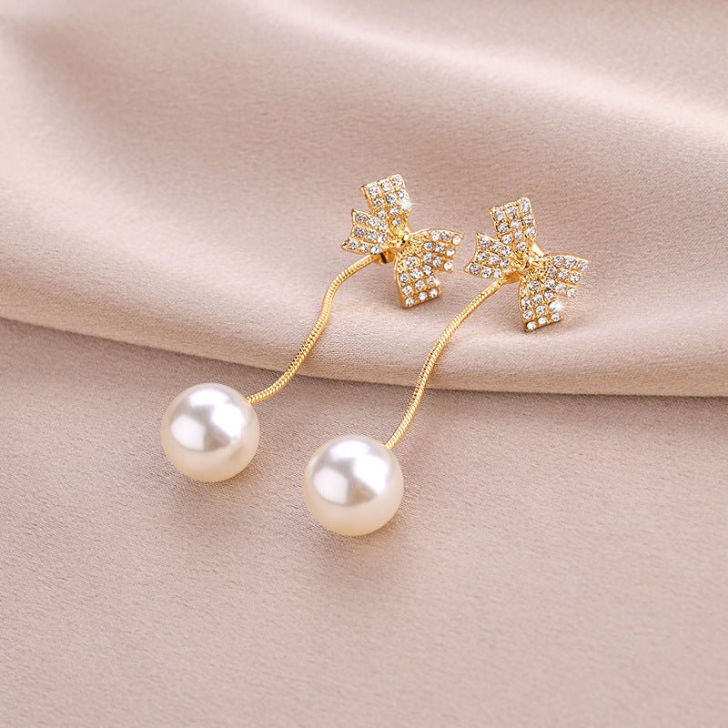 Bowknot Fringe Pearl Temperament Modified Face Earrings-Jewearrings