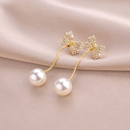 Bowknot Fringe Pearl Temperament Modified Face Earrings-Jewearrings