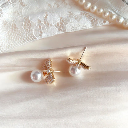 Bowknot Pearl 925 Silver Stud Earrings-Jewearrings