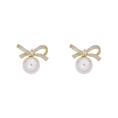 Bowknot Pearl Earrings Temperament High-end Earrings-Jewearrings