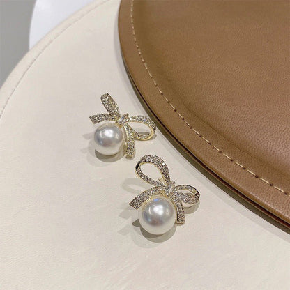 Bowknot Pearl Earrings Temperament High-end Earrings-Jewearrings