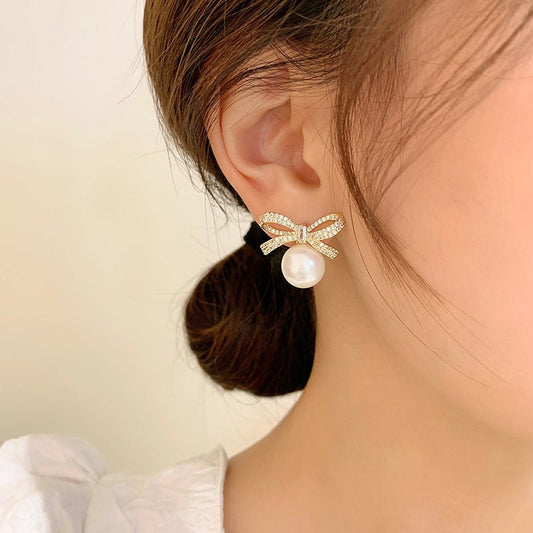 Bowknot Pearl Earrings Temperament High-end Earrings-Jewearrings