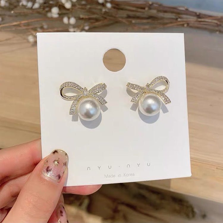 Bowknot Pearl Earrings Temperament High-end Earrings-Jewearrings