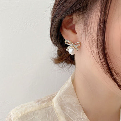 Bowknot Pearl Earrings Temperament High-end Earrings-Jewearrings