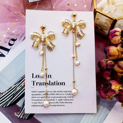 Bowknot Pearl Korean Temperament Tassel Earrings-Jewearrings