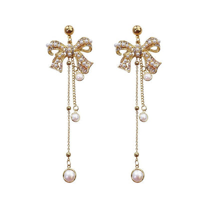 Bowknot Pearl Korean Temperament Tassel Earrings-Jewearrings