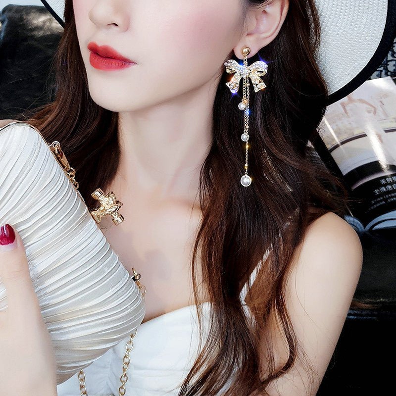 Bowknot Pearl Korean Temperament Tassel Earrings-Jewearrings