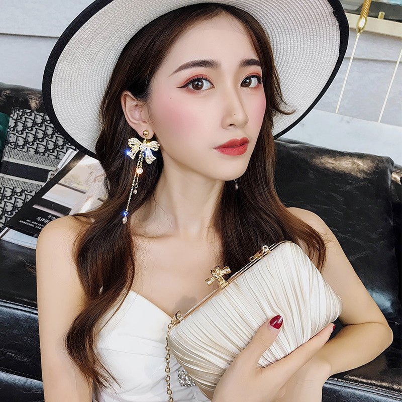 Bowknot Pearl Korean Temperament Tassel Earrings-Jewearrings