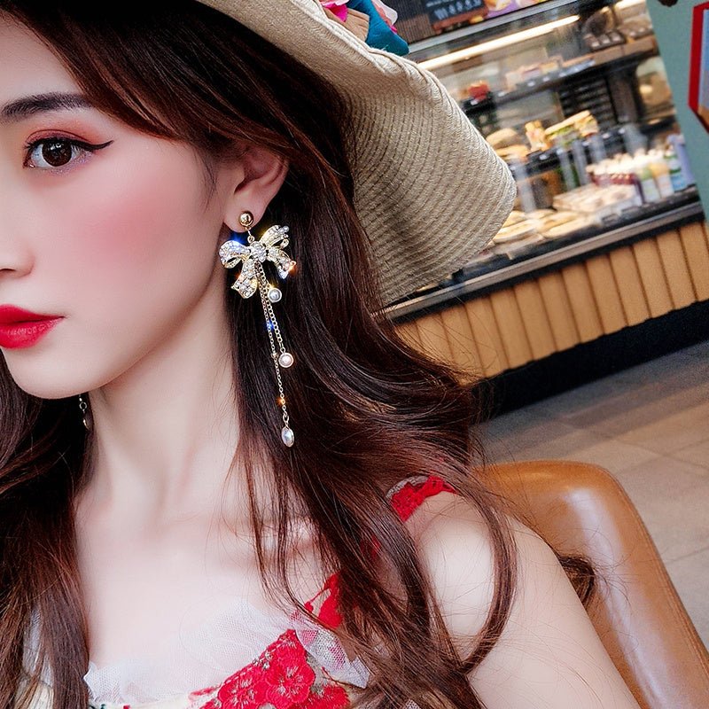 Bowknot Pearl Korean Temperament Tassel Earrings-Jewearrings