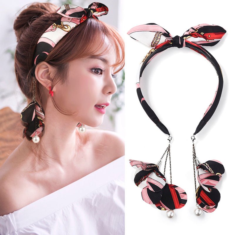 Bowknot tassel pearl fake earrings headband-Jewearrings