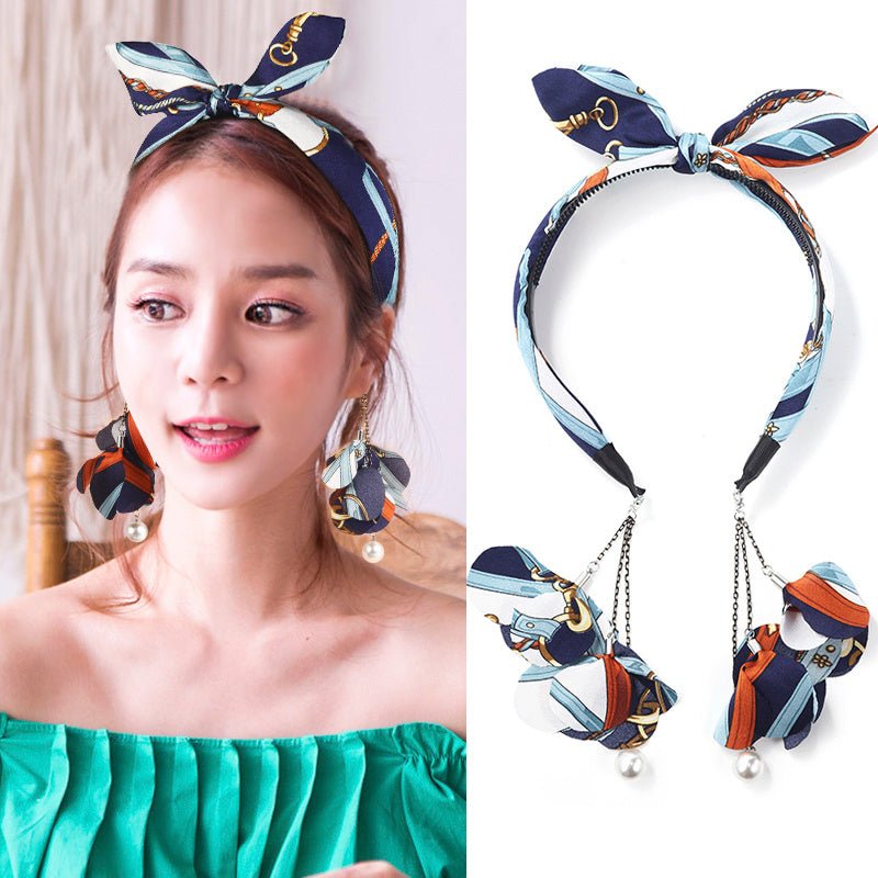 Bowknot tassel pearl fake earrings headband-Jewearrings