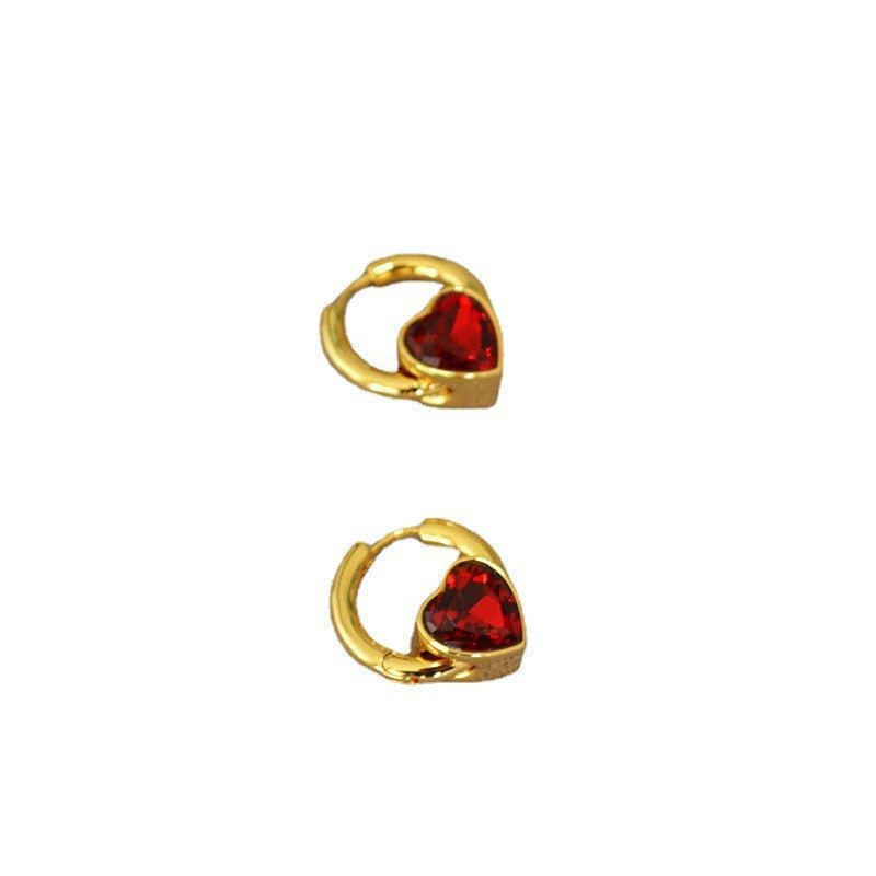 Brass Gold Plated Double Sided Red Glass Heart Earrings-Jewearrings