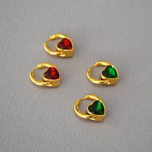 Brass Gold Plated Double Sided Red Glass Heart Earrings-Jewearrings