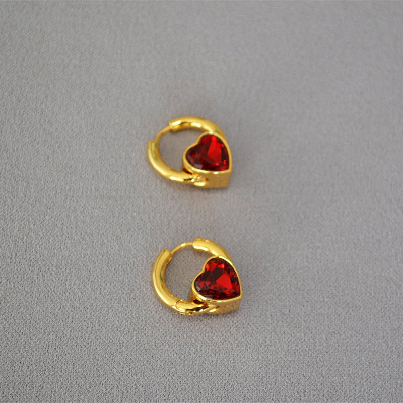 Brass Gold Plated Double Sided Red Glass Heart Earrings-Jewearrings