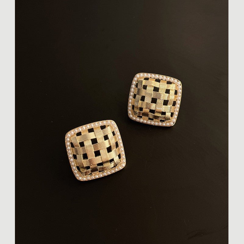 Brass Plating 14k Gold European And American Bloggers Geometric Three-dimensional Woven Square Earrings-Jewearrings