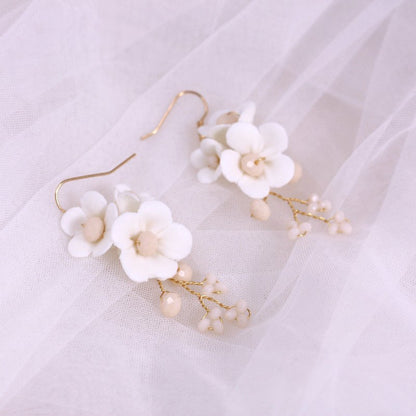 Bride Gold And Silver Flower Ceramic Earrings-Jewearrings