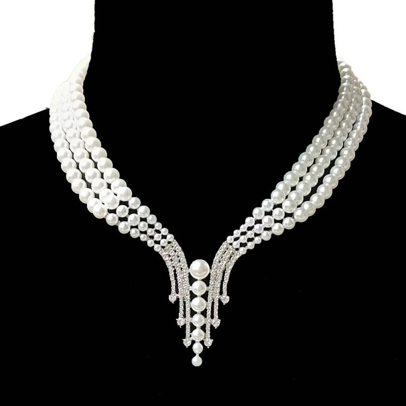 Bride Ornament Pearl Diamond Inlaid Short Clavicle Earrings Temperament Wild Necklace Set-Jewearrings