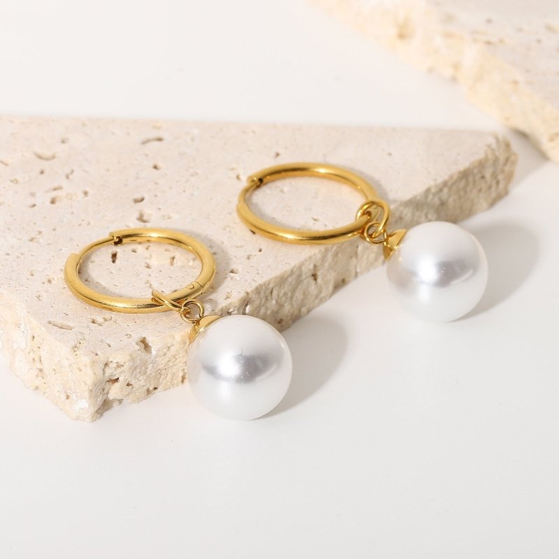 Bright Shell Pearl Hanging Earrings 18K Gold PVD Coated Stainless Steel Ring Type-Jewearrings