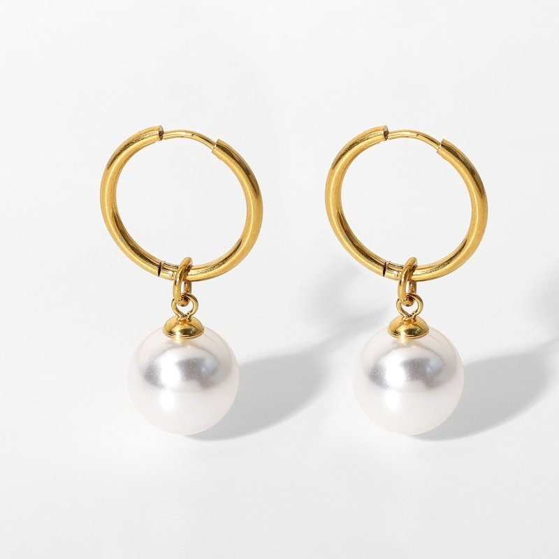 Bright Shell Pearl Hanging Earrings 18K Gold PVD Coated Stainless Steel Ring Type-Jewearrings