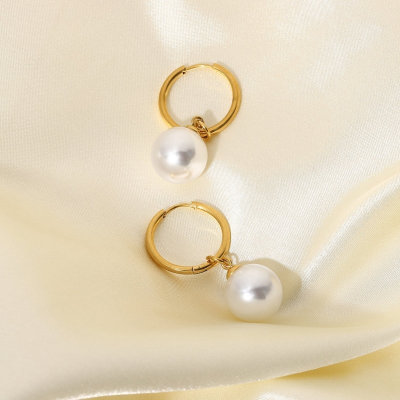 Bright Shell Pearl Hanging Earrings 18K Gold PVD Coated Stainless Steel Ring Type-Jewearrings