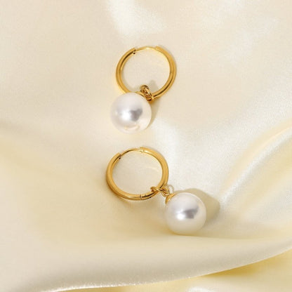 Bright Shell Pearl Hanging Earrings 18K Gold PVD Coated Stainless Steel Ring Type-Jewearrings