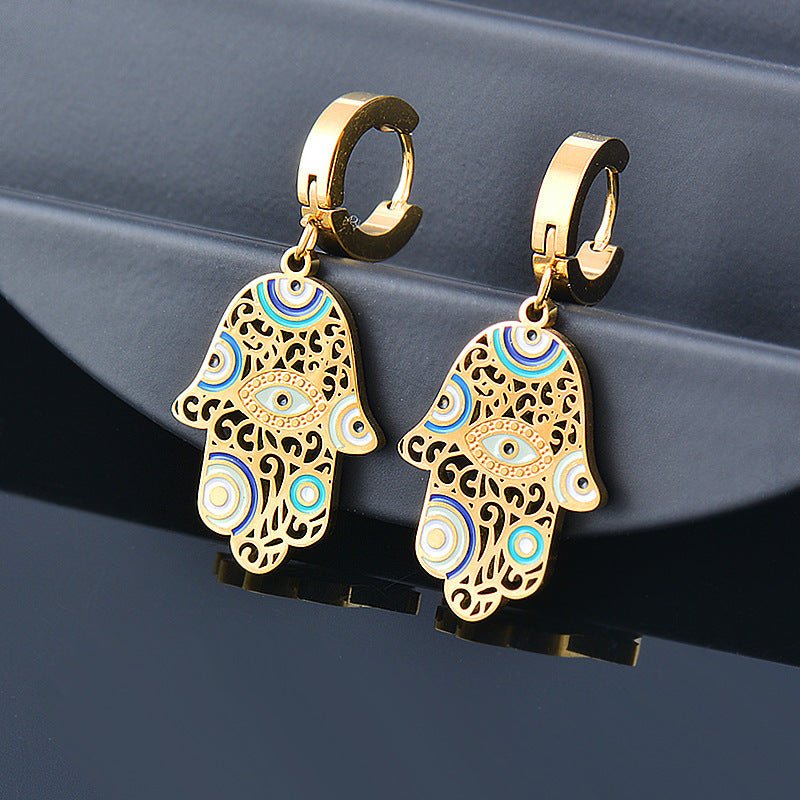 Buddha Hand Oil Dripping Craft Blue Eyes Hollow Stainless Steel Earrings-Jewearrings