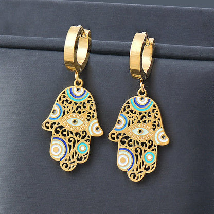 Buddha Hand Oil Dripping Craft Blue Eyes Hollow Stainless Steel Earrings-Jewearrings