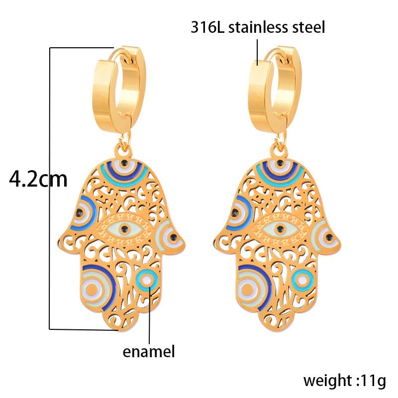 Buddha Hand Oil Dripping Craft Blue Eyes Hollow Stainless Steel Earrings-Jewearrings