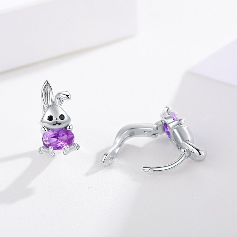 Bunny Earrings 925 Sterling Silver Rabbit Purple Zircon Huggie Hoop Earrings for Sensitive Ears-Jewearrings