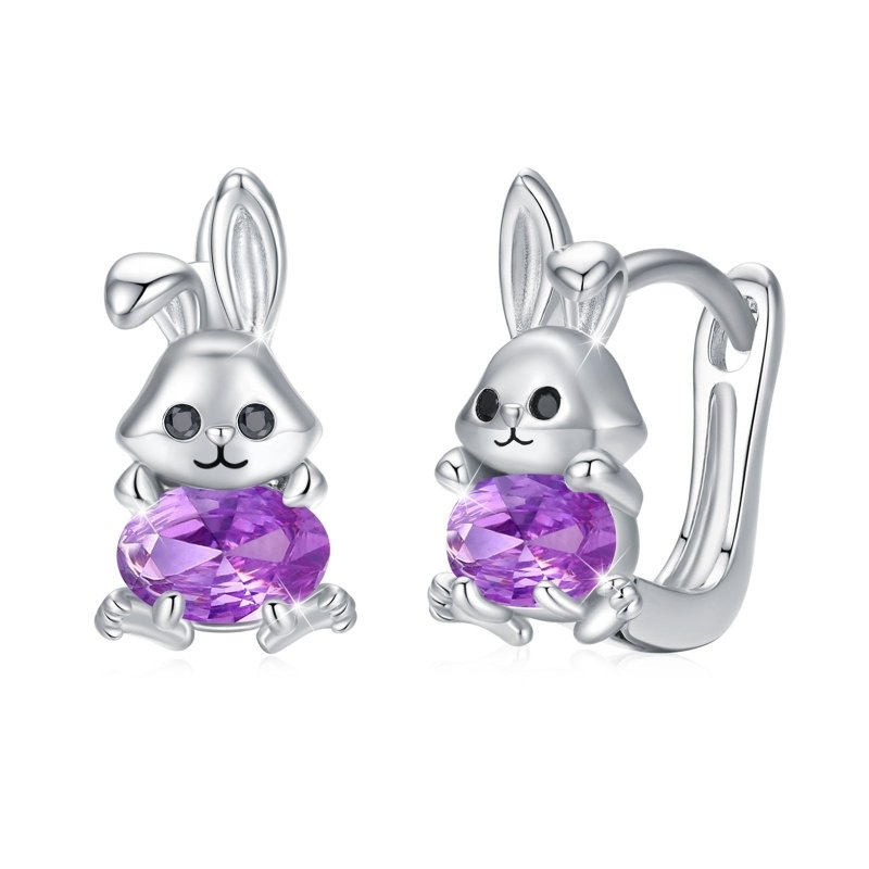 Bunny Earrings 925 Sterling Silver Rabbit Purple Zircon Huggie Hoop Earrings for Sensitive Ears-Jewearrings