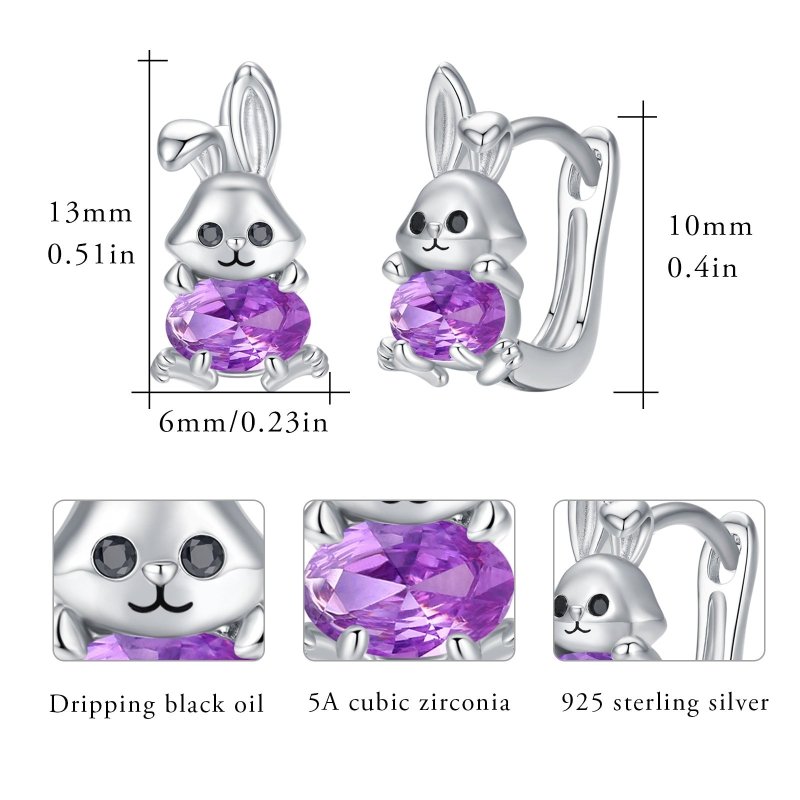 Bunny Earrings 925 Sterling Silver Rabbit Purple Zircon Huggie Hoop Earrings for Sensitive Ears-Jewearrings