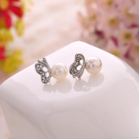 Butterfly Diamond Pearl Earrings For Women-Jewearrings