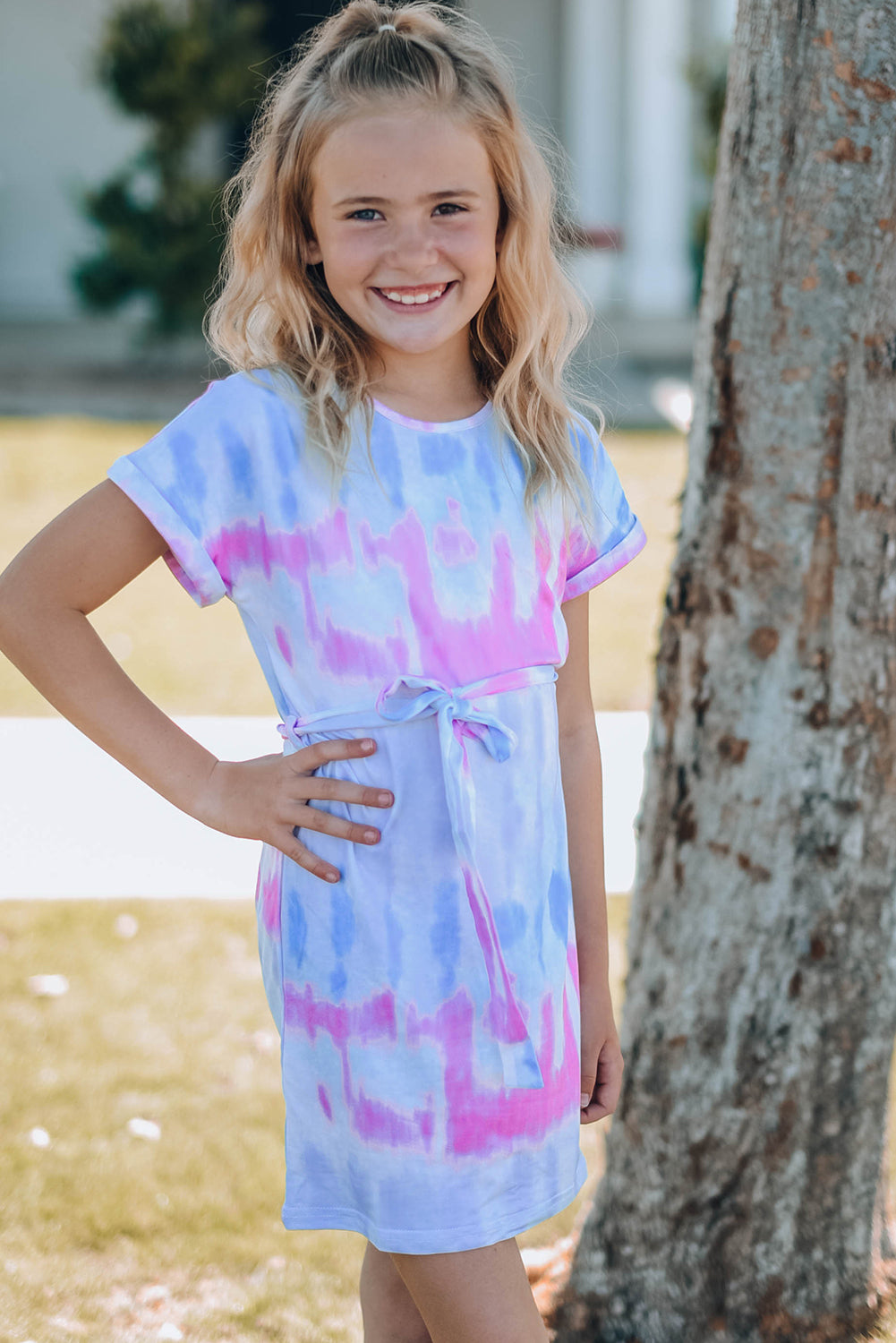 Girls Tie-Dye Belted T-Shirt Dress-Jewearrings