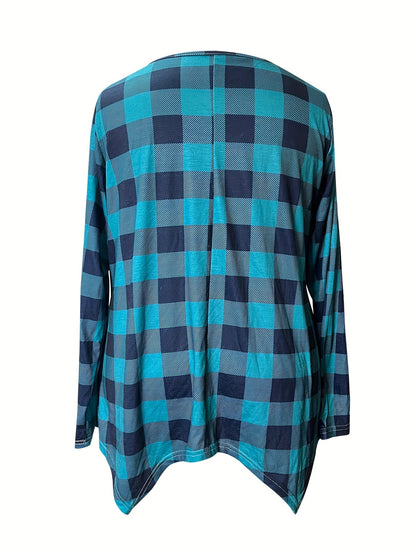 Plus Size Plaid Round Neck T-Shirt-Jewearrings