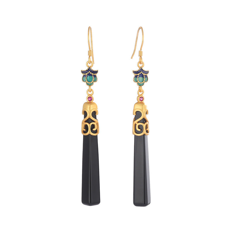 Women's Graceful And Fashionable Silver Black Agate Earrings-Jewearrings