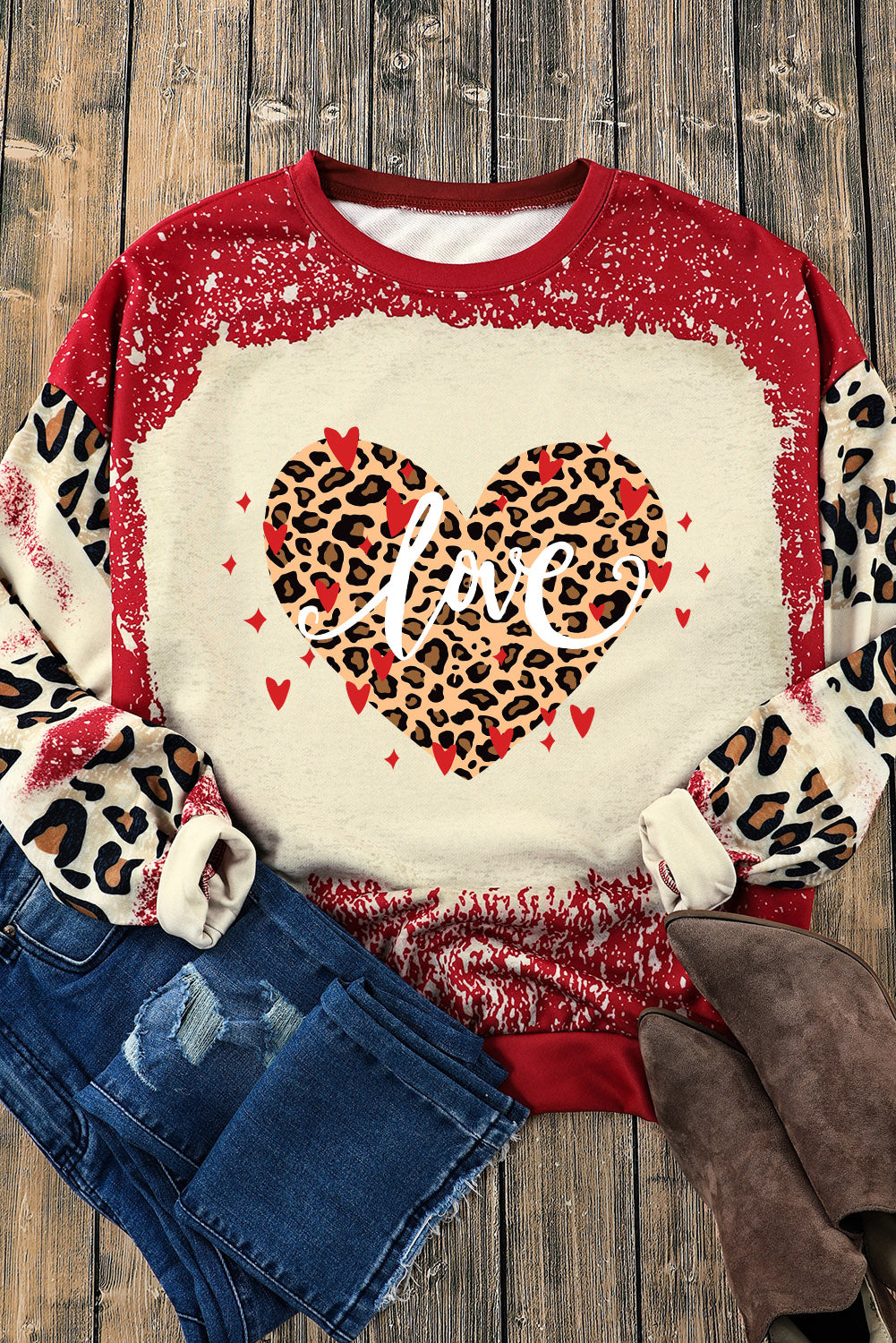 LOVE Heart Leopard Round Neck Sweatshirt-Jewearrings