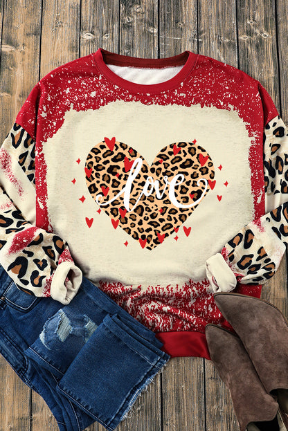 LOVE Heart Leopard Round Neck Sweatshirt-Jewearrings